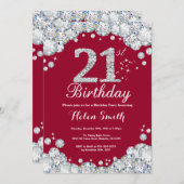 21st Birthday Burgundy Red and Silver Diamond Invitation (Front/Back)