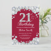 21st Birthday Burgundy Red and Silver Diamond Invitation (Standing Front)