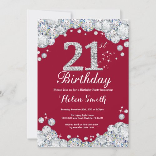 21st Birthday Burgundy Red and Silver Diamond Invitation