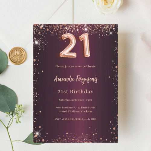 21st birthday burgundy rose gold glitter invitation