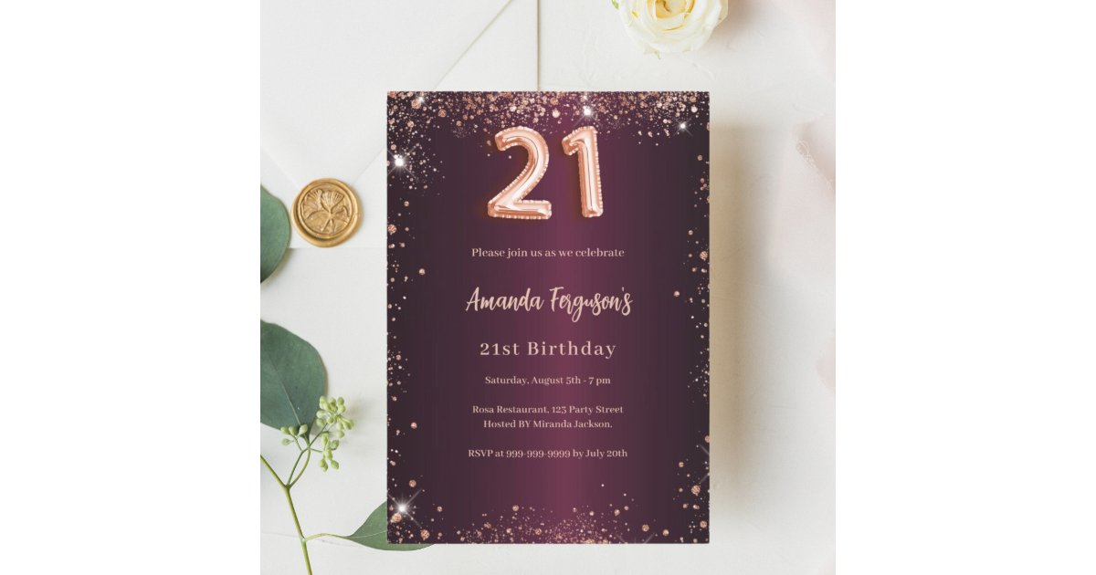 21st birthday burgundy rose gold glitter invitation | Zazzle