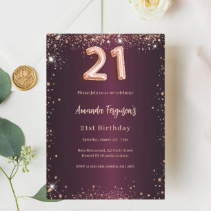 21st birthday burgundy rose gold invitation