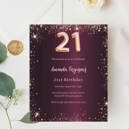 21st birthday burgundy rose gold invitation