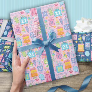 21st Birthday Cake Balloons Hat Presents Flowers Wrapping Paper