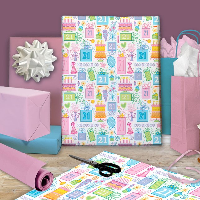 21st Birthday Cake Cupcake Present Balloon Wrapping Paper (Creator Uploaded)