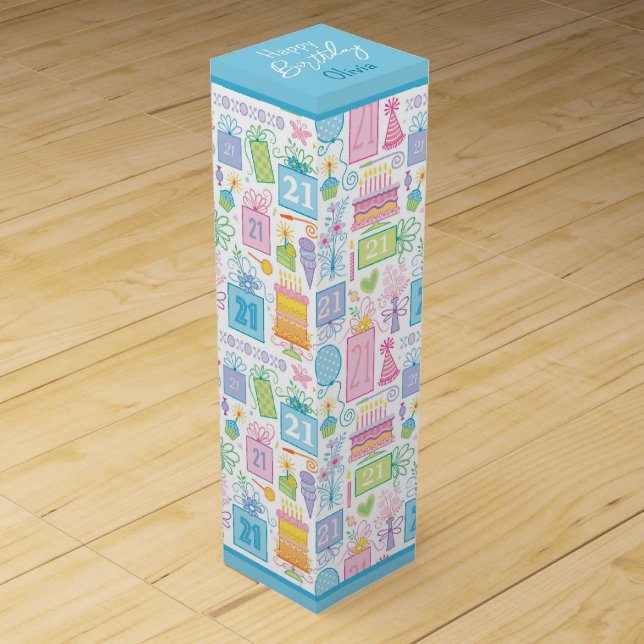 21st Birthday Cake Cupcake Present Balloons Wine Box (Front)