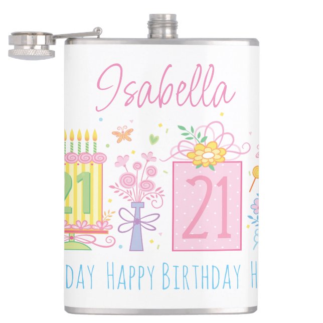 21st Birthday Cake Cupcake Present Custom Name Flask (Opened)