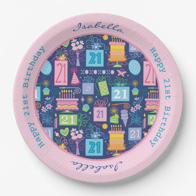 21st Birthday Cake Cupcake Present Custom Name Paper Plates (Front)