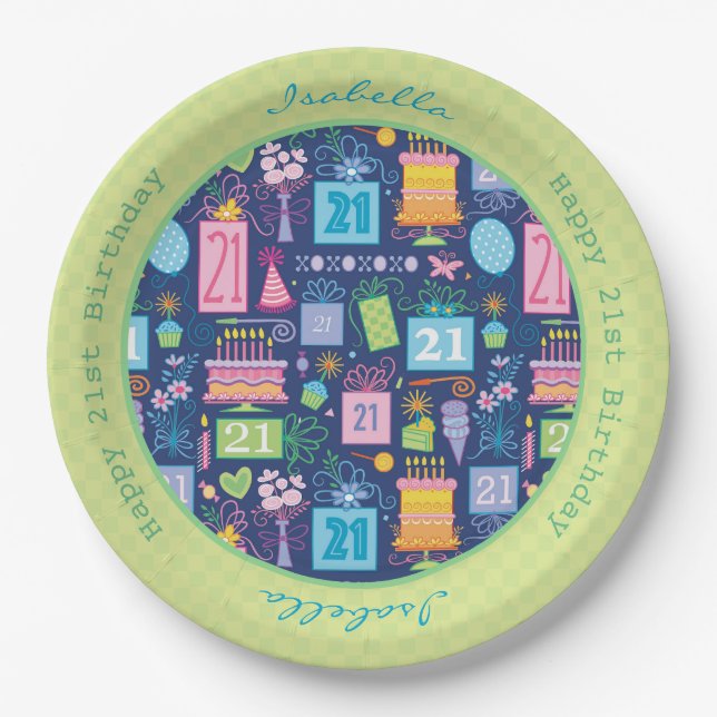 21st Birthday Cake Cupcake Present Custom Name Paper Plates (Front)