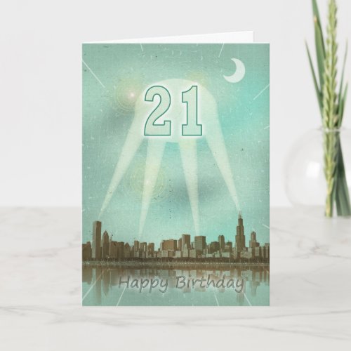 21st Birthday card with a city and spotlights