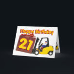 21st birthday card with a fork lift truck<br><div class="desc">A forklift holds a parcel with the age on it in bright yellow letters. A cheery and funny birthday card for a man.</div>