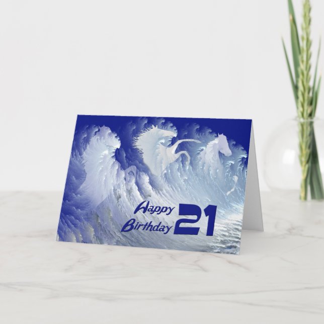 21st birthday card with wild white surf horses (Front)