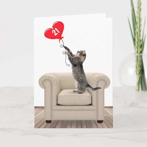 21st Birthday Cat With Heart Balloon Card