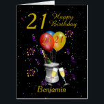 21st Birthday Celebration Sparkling Wine Black Big Card<br><div class="desc">A Big stylish Happy 21st birthday age card. This bright jumbo sized card features an ice bucket with bottle of bubbly / fizz, flute glasses balloons, and confetti all on a black background with gold colored text. The large card gives plenty of room for family, friends and work colleagues to...</div>