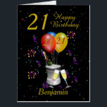 21st Birthday Celebration Sparkling Wine Black Big Card<br><div class="desc">A Big stylish Happy 21st birthday age card. This bright jumbo sized card features an ice bucket with bottle of bubbly / fizz, flute glasses balloons, and confetti all on a black background with gold colored text. The large card gives plenty of room for family, friends and work colleagues to...</div>