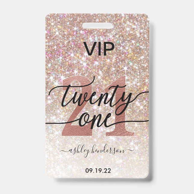 21st Birthday Champagne Glitter VIP Badge (Front)