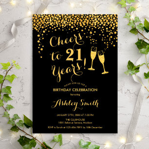 21st Birthday - Cheers To 21 Years Gold Black Invitation