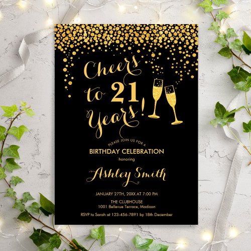  21st Birthday _ Cheers To 21 Years Gold Black Invitation