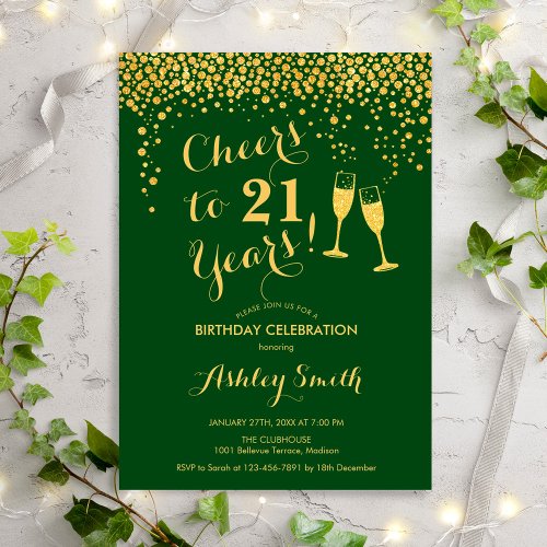 21st Birthday _ Cheers To 21 Years Gold Green Invitation
