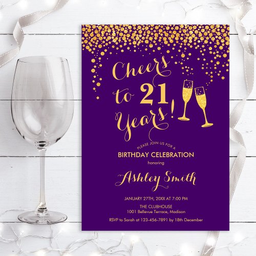 21st Birthday _ Cheers To 21 Years Gold Purple Invitation