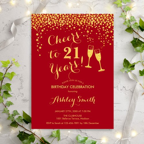 21st Birthday _ Cheers To 21 Years Gold Red Invitation