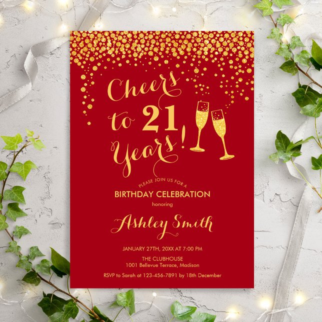 21st Birthday - Cheers To 21 Years Gold Red Invitation (Creator Uploaded)