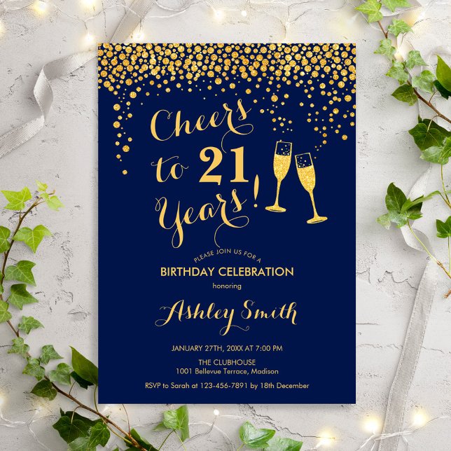  21st Birthday - Cheers To 21 Years Navy Gold Invitation (Creator Uploaded)
