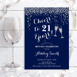 21st Birthday - Cheers To 21 Years Navy Silver Invitation<br><div class="desc">21st Birthday Invitation. Cheers To 21 Years! Elegant design in navy,  white and silver. Features champagne glasses,  script font and glitter silver confetti. Perfect for a stylish birthday party. Personalize with your own details. Can be customized to show any age.</div>