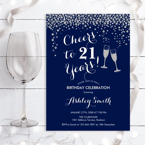 21st Birthday _ Cheers To 21 Years Navy Silver Invitation