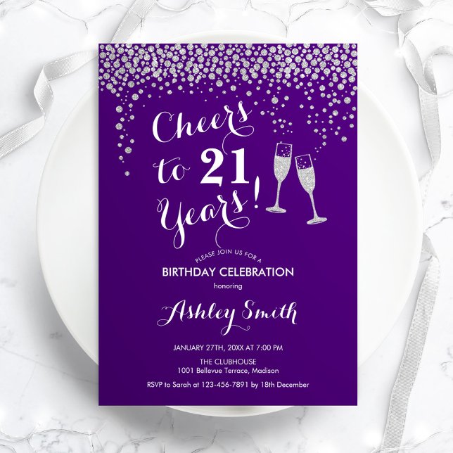  21st Birthday - Cheers To 21 Years Purple Silver Invitation (Creator Uploaded)