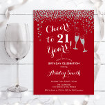 21st Birthday - Cheers To 21 Years Red Silver Invitation<br><div class="desc">21st Birthday Invitation. Cheers To 21 Years! Elegant design in red,  white and silver. Features champagne glasses,  script font and glitter silver confetti. Perfect for a stylish birthday party. Personalize with your own details. Can be customized to show any age.</div>