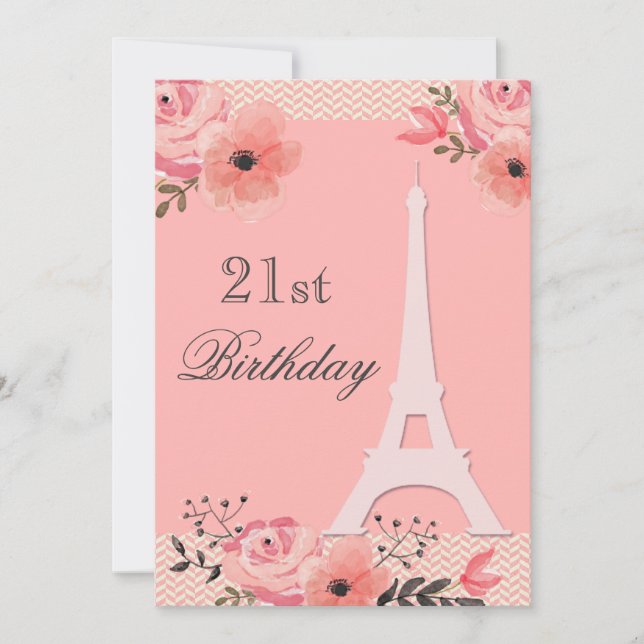 21st Birthday Chic Floral Paris Eiffel Tower Invitation (Front)