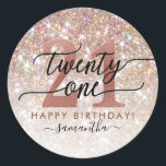 21st Birthday Chic Glitter Ombre Classic Round Sticker<br><div class="desc">Modern chic girly birthday stickers for 21st birthday. Design featuring champagne sparkly glitter texture,  rose gold 21 and calligraphy script twenty one.  Personalize with a name.</div>