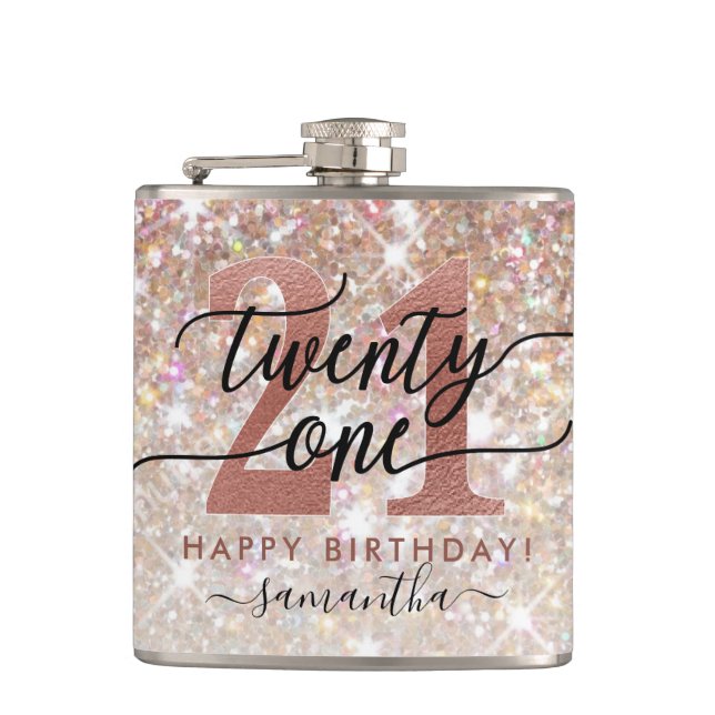 21st Birthday Chic Glitter Ombre Flask (Front)