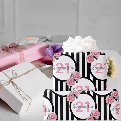 21st birthday chic pink roses black white stripes wrapping paper