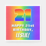 [ Thumbnail: 21st Birthday: Colorful, Fun Rainbow Pattern # 21 Napkins ]