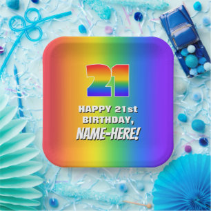 21st Birthday: Colorful, Fun Rainbow Pattern # 21 Paper Plates