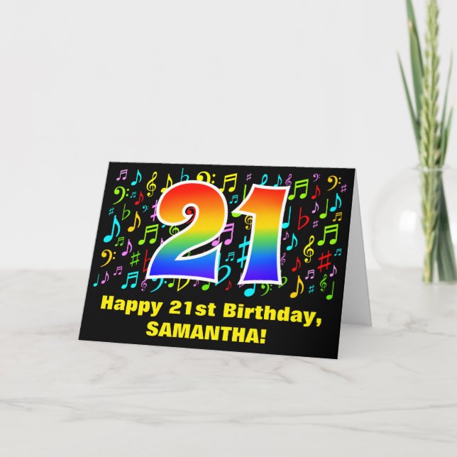 21st Birthday: Colorful Music Symbols & Rainbow 21 Card (Front)