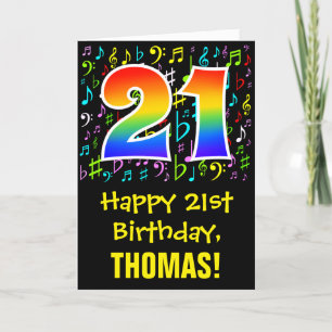 21st Birthday: Colorful Music Symbols + Rainbow 21 Card