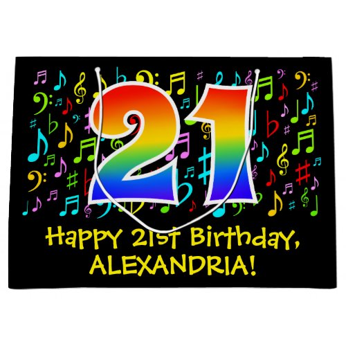 21st Birthday _ Colorful Music Symbols Rainbow 21 Large Gift Bag