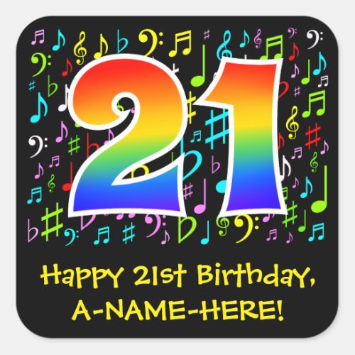 21st Birthday Colorful Music Symbols Rainbow 21 Square Sticker