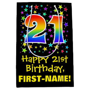 21st Birthday: Colorful Stars Pattern & Rainbow 21 Medium Gift Bag