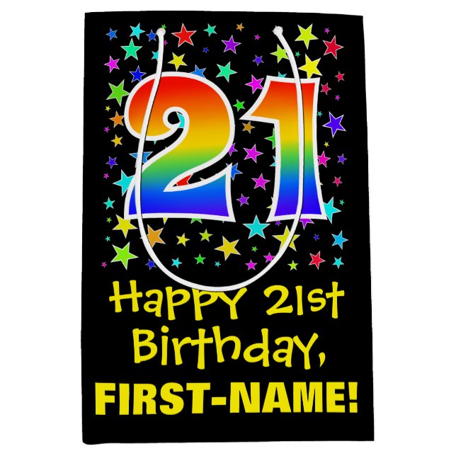21st Birthday: Colorful Stars Pattern & Rainbow 21 Medium Gift Bag (Front)