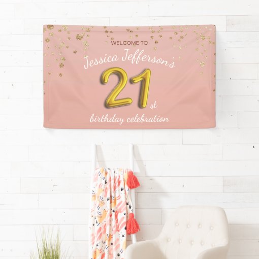 21st Birthday Confetti Gold Foil Balloon Pink Banner | Zazzle