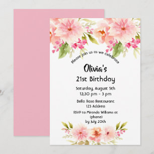 21st birthday coral dahlia flowers pastel pink invitation