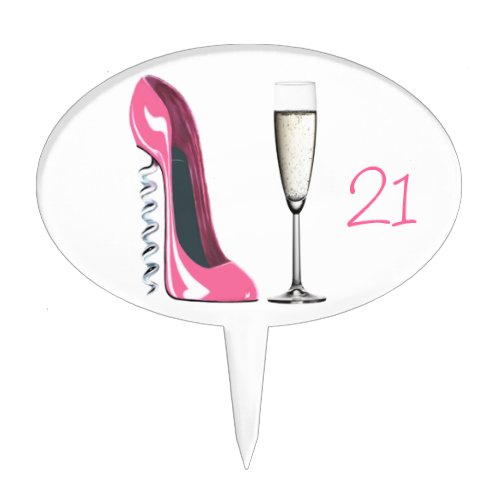 21st Birthday Corkscrew Pink Stiletto and Champagn Cake Topper