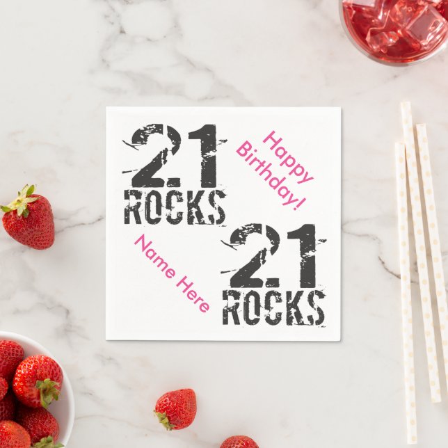 21st Birthday Custom Name PINK 21 Rocks Paper Napkins (Insitu)