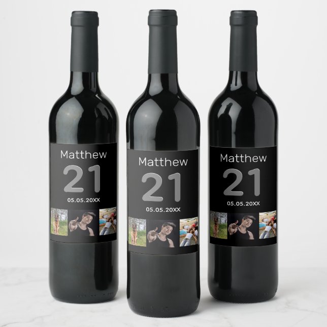 21st birthday custom photo black wine label (Bottles)