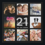 21st birthday custom photo collage black monogram faux canvas print<br><div class="desc">A unique 21st birthday gift or keepsake, celebrating her life with a collage of 8 of your photos. Add images of her family, friends, pets, hobbies or dream travel destination. Personalize and add a name, age 21 and a date. White and gray colored letters. A chic black background. This canvas...</div>