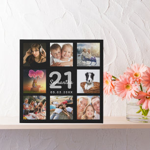 21st birthday custom photo collage black monogram faux canvas print